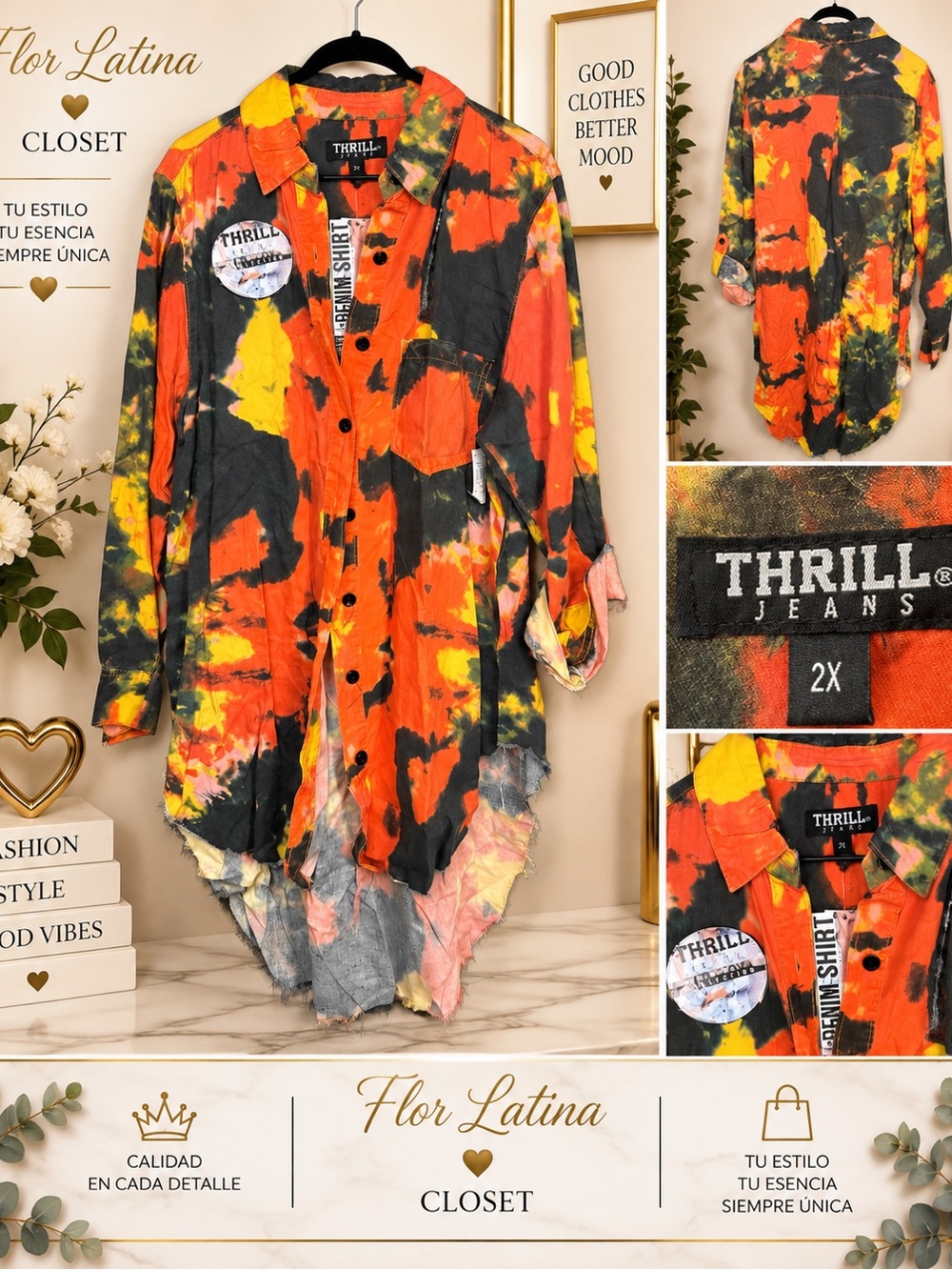 Thrill Oversized Tie-Dye Button Down Shirt — Orange, Yellow & Gray